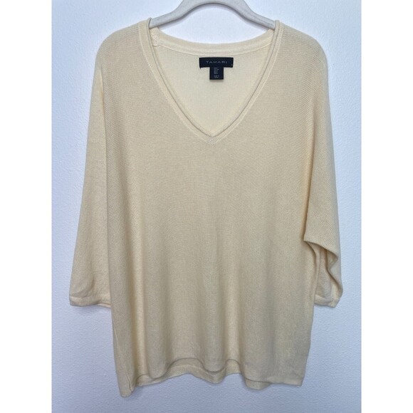Tahari Small Linen Sweater Pale Yellow Knit V-Neck 3/4 Sleeve Pullover Oversized - Picture 1 of 8